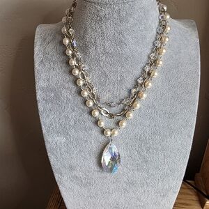 Codi Elegant Faux Pearl, AB Crystal, and Silver Layered Triple Strand Necklace